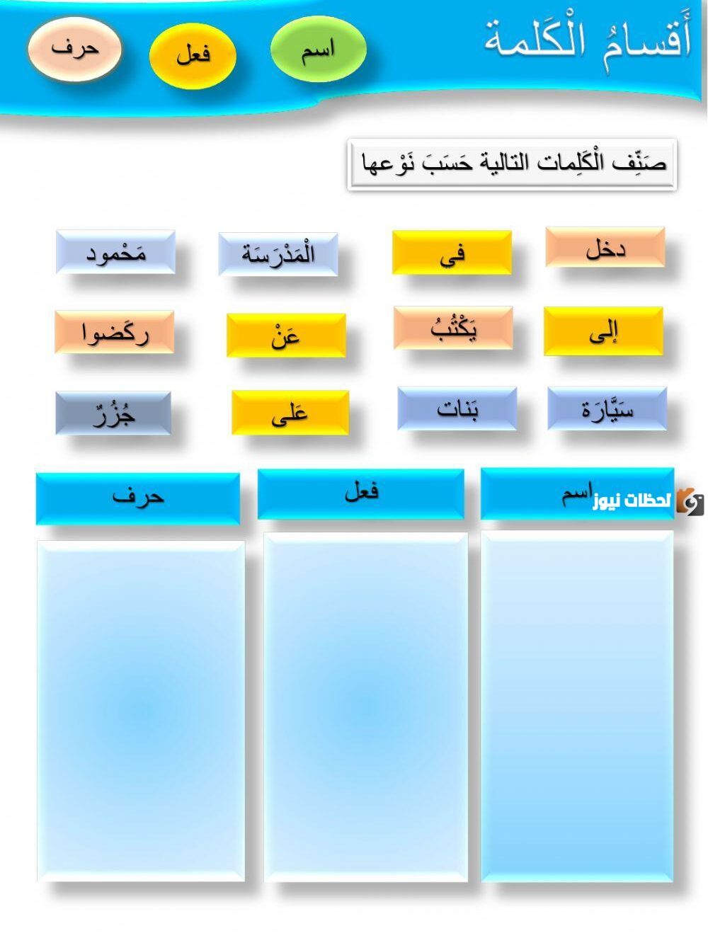 أمثلة تمارين على أقسام الكلام