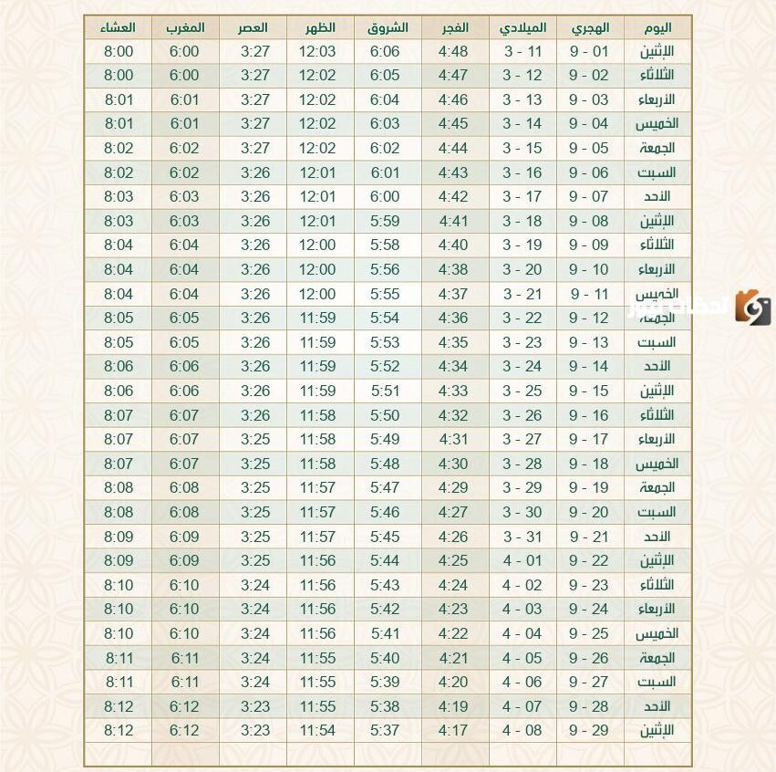 امساكية رمضان الرياض